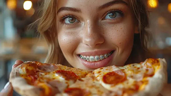 A close-up of a smiling young woman with braces holding a slice of pepperoni pizza, illustrating foods to be cautious with while wearing braces.